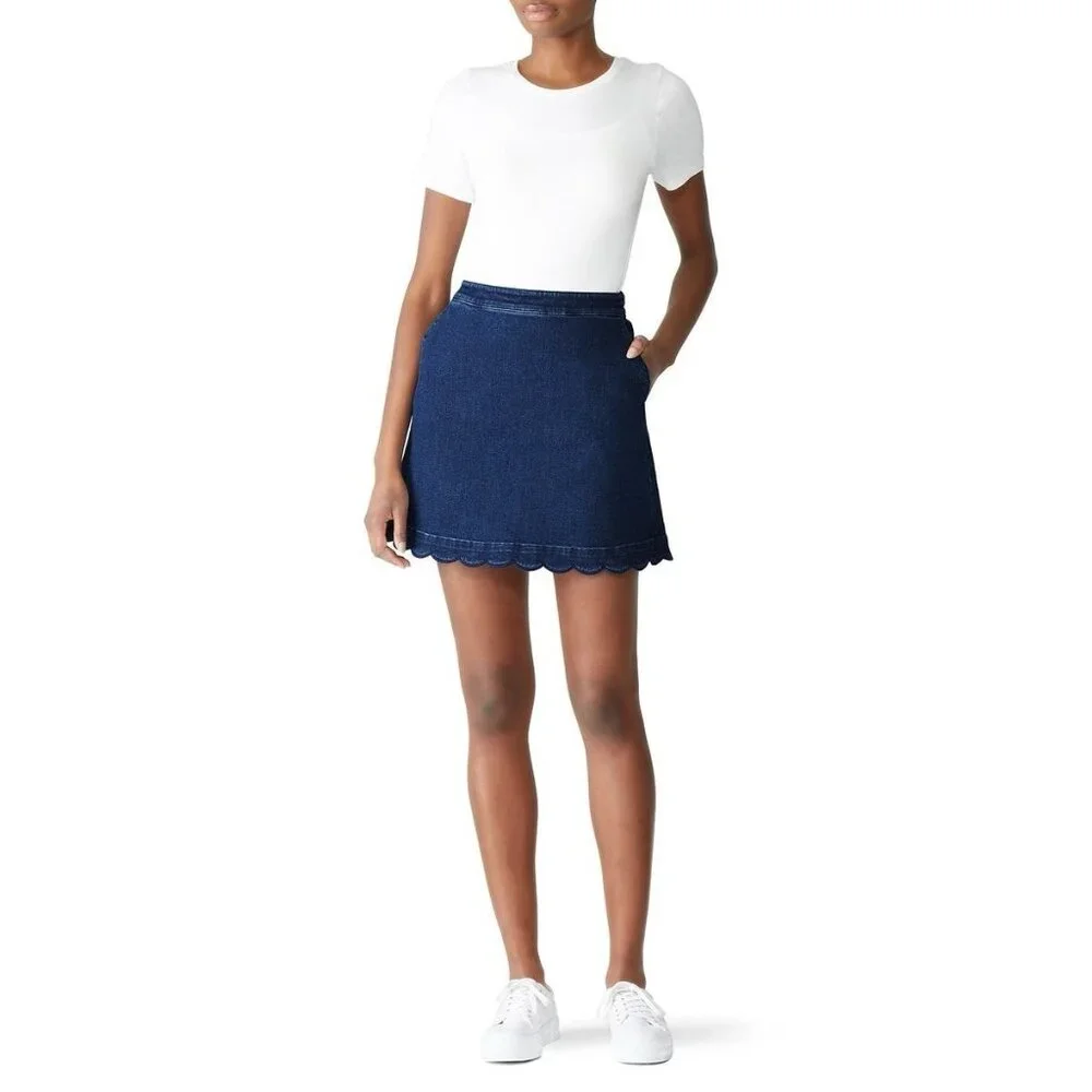 Draper James Skirt Womens 8 Blue Dark Jean Denim Mini Scalloped Hem Y2K Girly - Picture 1 of 8